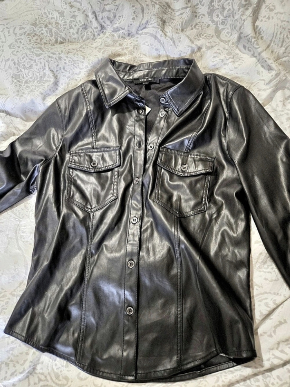 Love Tree Faux Leather Button Front Shirt Jacket Black Size Small